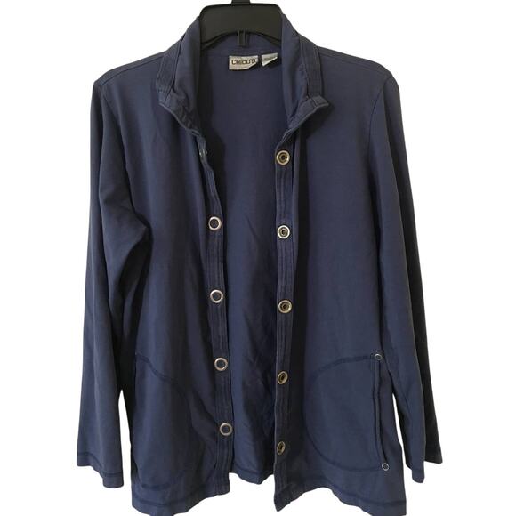 Chico's Size 2 (L) Blue Snap Up Jacket Has a T-shirt Feel Long Sleeves, Collared - Picture 2 of 4